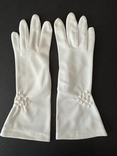 VTG Wos Nylon White Dress Gloves Embroidered Flower Detail One Size Made in USA