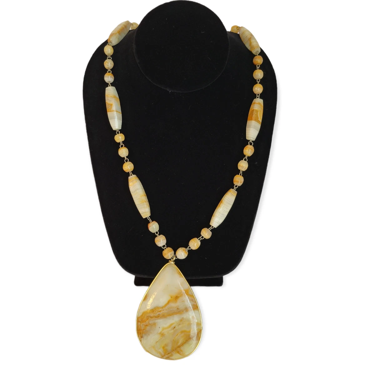 Vintage Large Brown White Alabaster Marble Stone Tear Drop Pendant