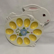 Pier 1 Easter Bunny Rabbit Hand Painted Deviled Egg Tray Plate Platter 12" x 10"