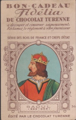 ANTIQUE CHROME GIFT VOUCHER FIDELIA CHOCOLATE TURENNE/KING OF FRANCE RAOUL 922/936
