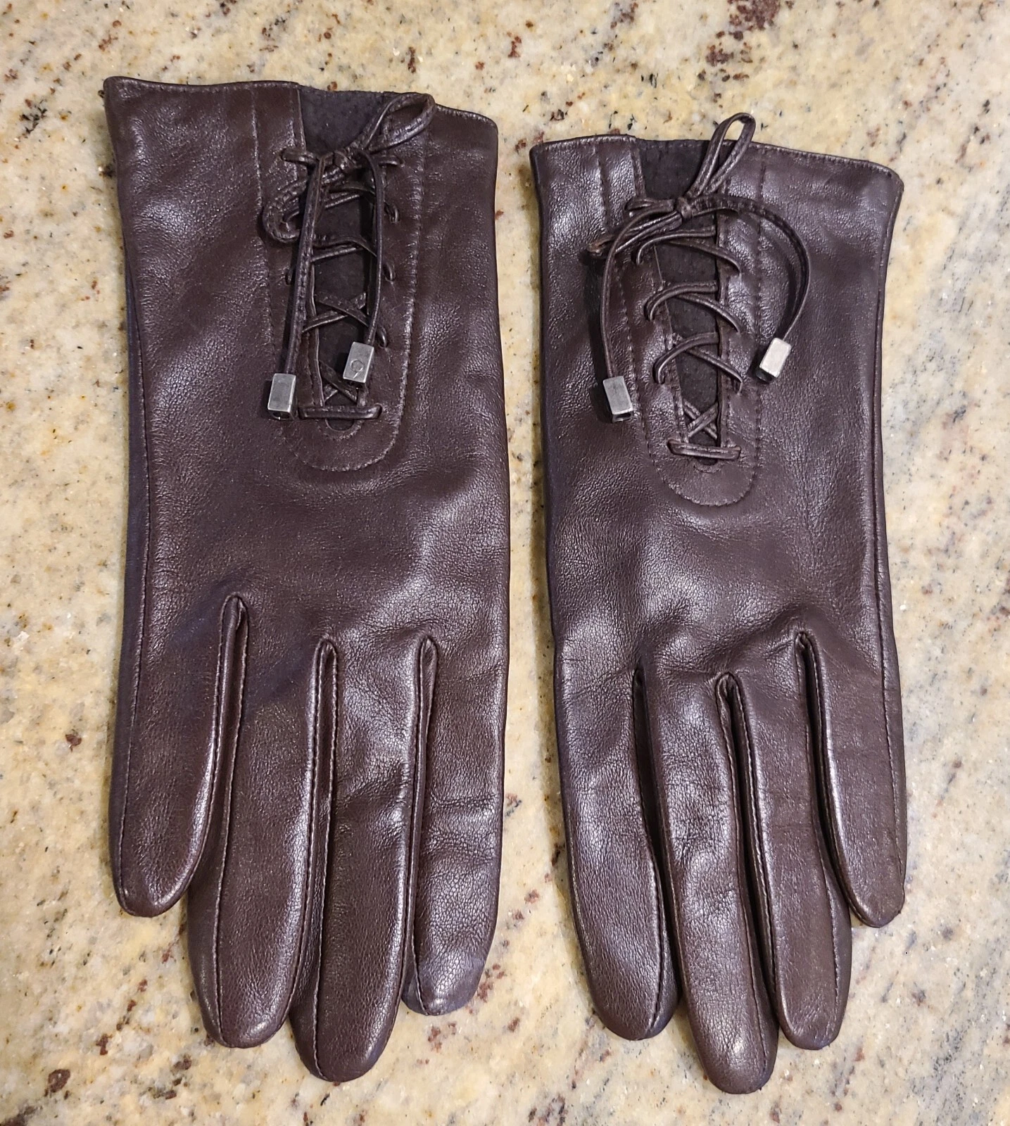Nine West Size S Brown Winter Fleece Lined 8.5" Womens Gloves Lace up Accent