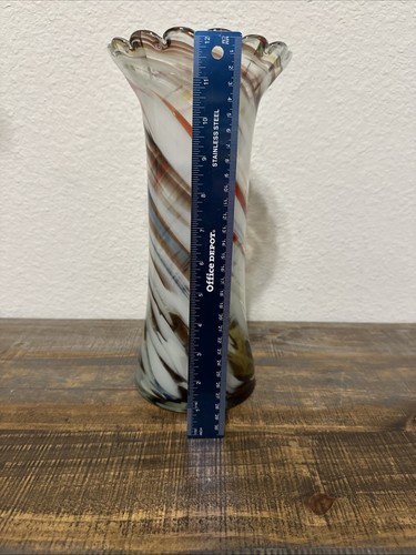 VINTAGE HAND CRAFTED 12” GLASS VASE WITH COFEE & POWDER BLUE COLOR SWIRL - Picture 6 of 9