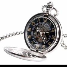Silver Steampunk Skeleton Automatic Pocket Watch with Chain Mechanical Unisex