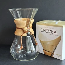 Chemex Pour Over Coffee Maker Wood Collar Leather Tie (with Filters)   9.5"