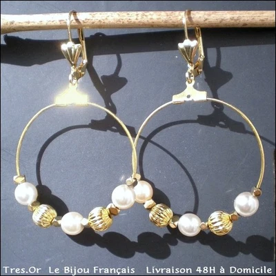 Boucles d'Oreille CREOLES DE PERLES NACRÉES & MÉTAL DORÉ Livré en 48H à DOMICILE - Photo 1/4
