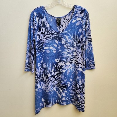 Clara Sun Woo Tunic Womens Size XSmall Blue Abstract 3/4 Sleeve Knit Top Stretch