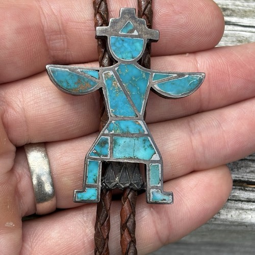 "Corbata Lee Edaakie Zuni Attr años 40 vintage turquesa ala de cuchillo esterlina Bolo 35""" - Imagen 23 de 24