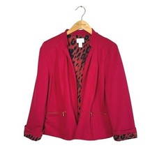 CHICO'S Size 2 US Large Red Blazer Lady Jacket Zipper Pockets Animal Print Lined