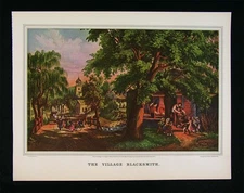 Currier & Ives Print - The Village Blacksmith - Town Scene Children - Americana