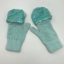 Justice Girls Fingerless Soft Mittens with Sequin Flap Iridescent Teal White
