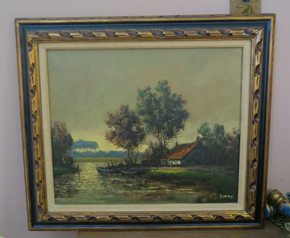 Vintage Oil on Canvas Lakeside Landscape Painting Signed Burgy 20