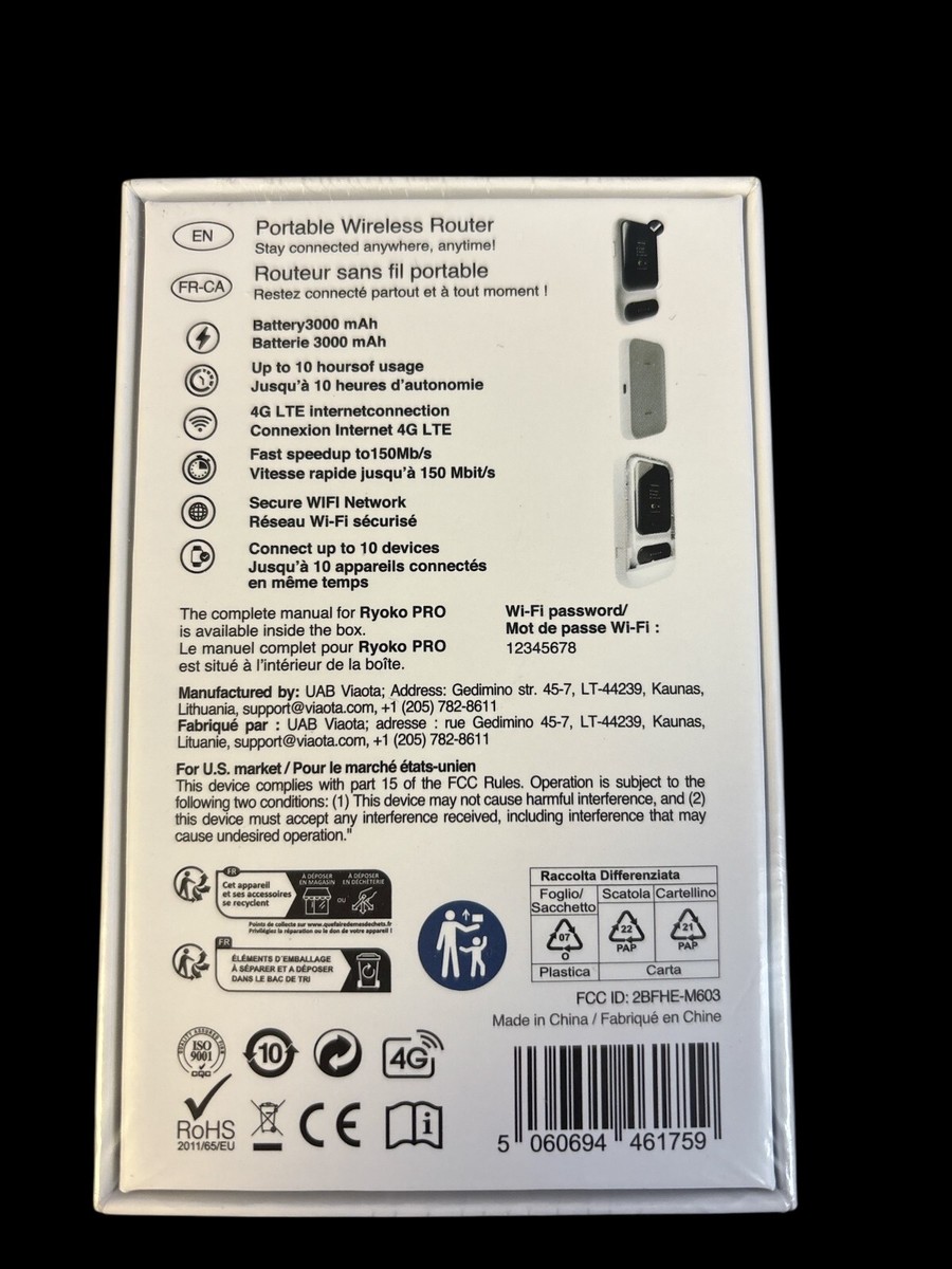 Ryoko Pro High-Speed Portable 4G LTE Wi-Fi Router - Brand New