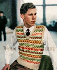 Knitting Pattern Vintage Men's 40s 50s Fair Isle Slip Over Sweater Vest 36"-42"