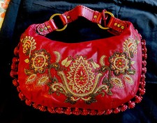 Vintage "Passage to India" Red Leather Embroidered Hobo Bag by Isabella Fiore