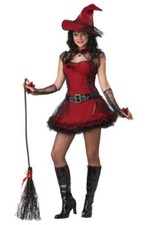 Spider Witch Teen Girls Costume Sz 3/5 Red/Black, Hat, Dress, Fingerless Gloves