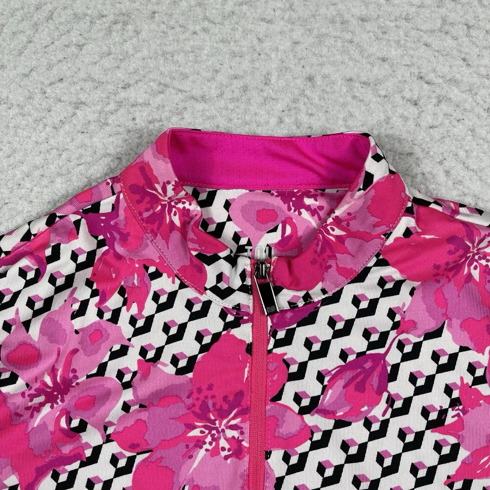 Pulôver feminino cauda etiqueta branca XS flores rosa 1/4 zíper golfe desempenho top - Imagem 4 de 4