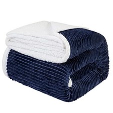 Striped Sherpa Fleece Bed Blanket Twin Twin(65x90 Inches) Striped Navy Blue