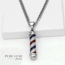 Men's 24" Stainless-Steel Silver barber pole Blue Red Charm,Cuban Chain*Box