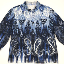 Chico's Size 2 Jacket Paisley Linen Blend Open Front Blue 3/4 Sleeve