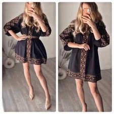 Linen Blend Zara Short Boho Embroidered Oversized Dress New