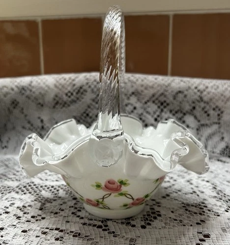 Beautiful Signed Fenton Milk Glass Basket With Roses The Museum Collection