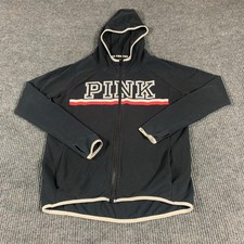PINK Victoria Secret Hoodie Womens S Black Full Zip Thumb Holes Sweatshirt