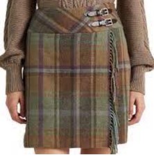 Lauren Ralph Lauren Wool Tartan Plaid Fringe-Trim Tweed Mini Skirt Women Size 12