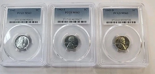 1943 P D S 1 C LINCOLN STEEL CENT PCGS MS 63 THREE COIN LOT