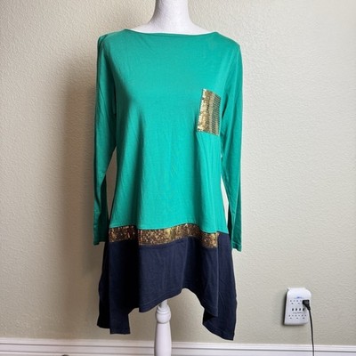 DG2 Diane Gilman Sequin Colorblock Asymmetric Hem Tunic Top S Green Navy Boho