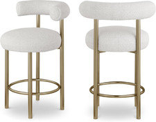 Set of 2 Modern Boucle Fabric Stools in Cream with Brass Finish, 23" W