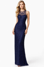 ROMY Scala Navy Silk Beaded Art Deco Lattice Formal Gown Dress L 10/12 VTG 90s