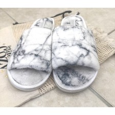 PJ Salvage Womens Marble Print Faux Fur Slide Slippers White Grey Size L