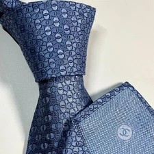 CHANEL Tie CC Mark All-over Pattern Silk Blue Necktie Men Accessory Width 8.5cm