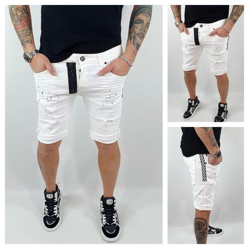 Pantaloncini Uomo Bermuda Jeans Bianco Strappati Pittura Pantaloni Corti  Cotone | eBay