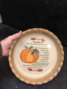 Pier 1 Ceramic Pumpkin Pie Dish with Recipe Printed In Bottom 10" Pie Plate