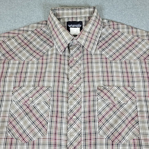 Wrangler Western Shirt Men's Size 17 Tall Brown Plaid Pearl Snap Short Sleeve