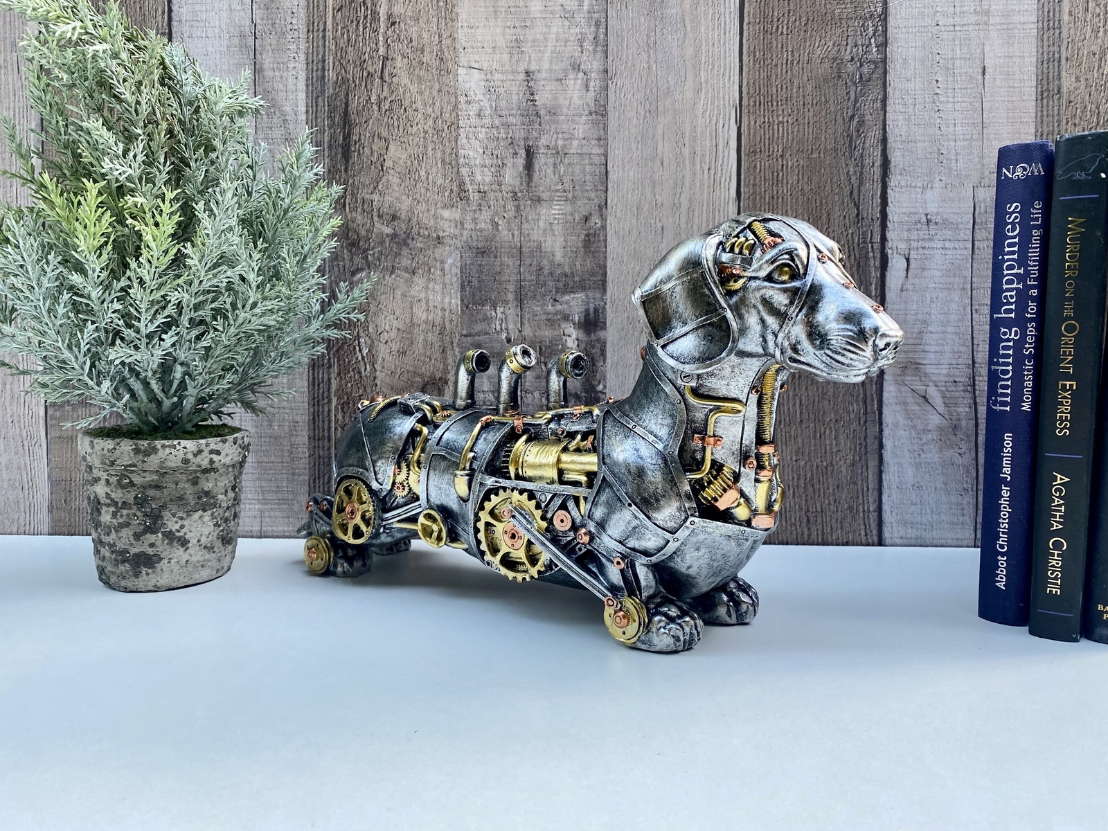 Steampunk Dachshund Ornament Figurine Statue Gothic Sausage Dog Silver