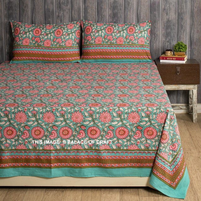 Indian Green Bed Sheet Bedding Ethnic Floral Printed Bedspread Bed