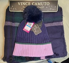 VINCE CAMUTO Women  s  Hat  Plaid Scarf Gift Set Faux Fur Pom Beanie MSRP 48