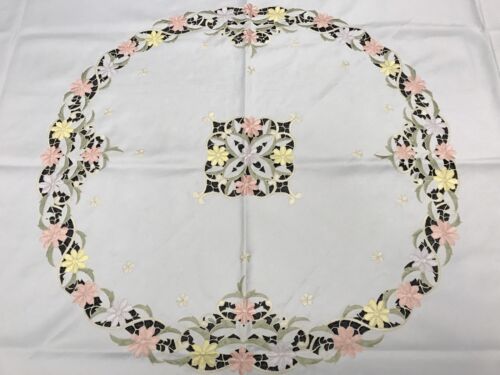 Spring Color Embroidered Floral Cutwork Embroidery Tablecloth 70" Round - Picture 3 of 7