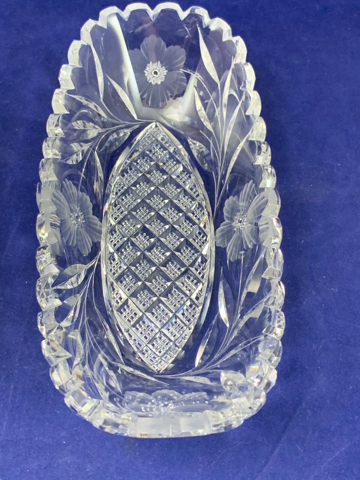 American Brilliant Cut ABC Crystal Relish Banana Split Dish Oval Flower Sawtooth