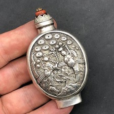Vintage White Copper Snuff Bottle Floral Figure Carving Chinese Collectible Gift