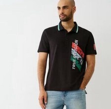 True Religion Men's Medium Polo Shirt Black Embroidered Short Sleeve Logo Sport