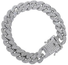 Dog Chain Collar Diamond Cuban Link Dog Collar Silver, 14 Inches 13mm Wid...