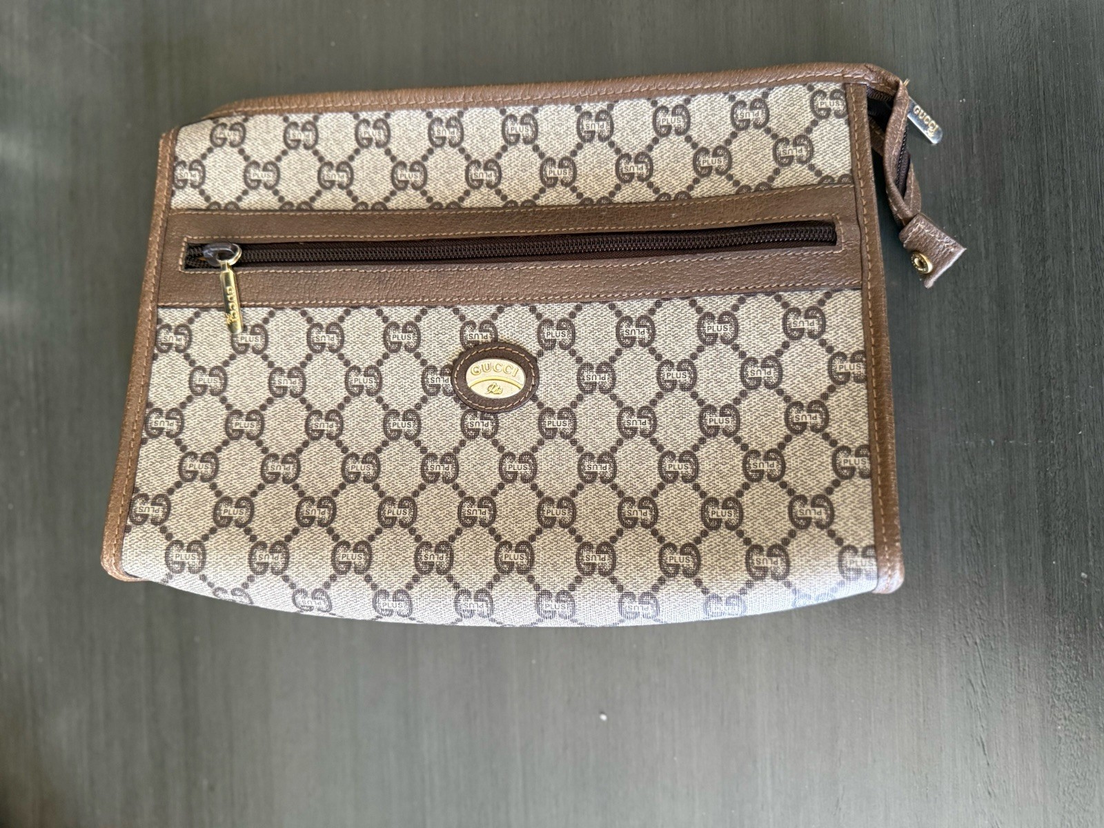  Gucci Vintage GG Plus Monogram Zip Clutch Pouch | Authenticated | Brown Canvas