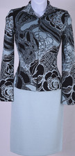 ST.JOHN Women's Blue Black Print Sequin Throughout Zip Jacket Skirt Sz 12