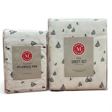 Martha Stewart King Sheet Set Printed Cotton Flannel Christmas Skiing Trees 6Pc