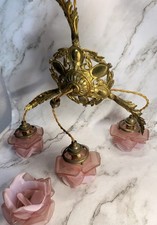 Ancien Lustre Bronze suspension 4 TULIPES  pate de verre Rose XIX Eme
