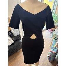 Black Off Shoulder Crisscross Cutout Bodycon Midi Dress Short Sleeve Cocktail