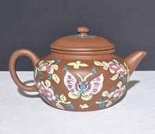 Antique Chinese Enameled Yixing Zisha Clay Teapot w Butterfly & Flowers